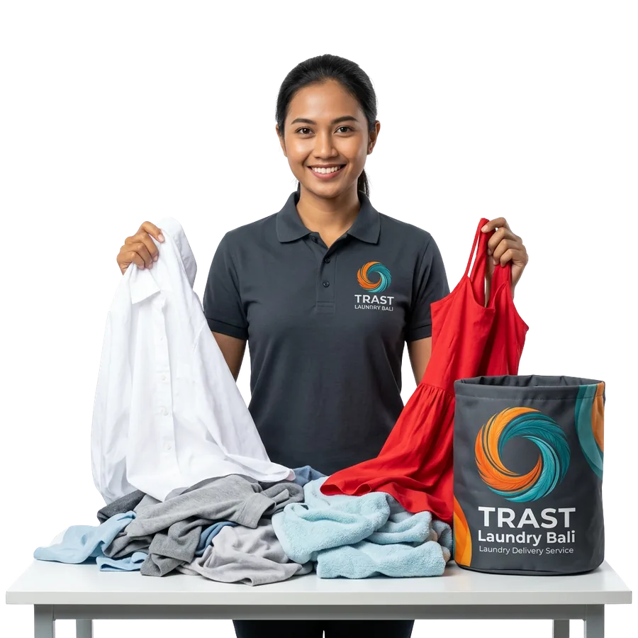 TRAST Laundry Bali staff member sorting white and colored clothes